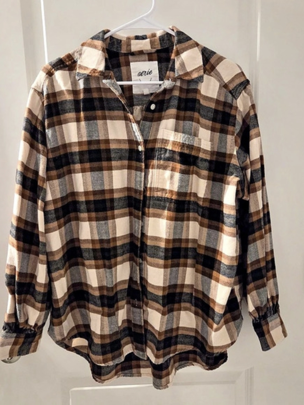 Aerie Anytime Fave Flannel Oversized Shirt Brown & White Small. Worn Once.